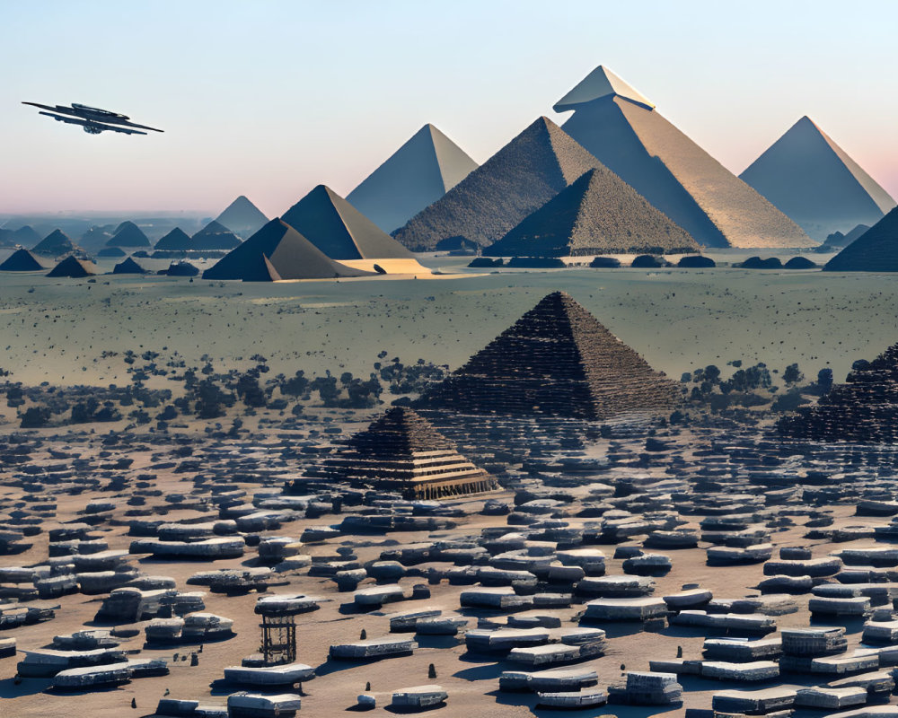Futuristic landscape featuring Pyramids of Giza, modern structures, and flying vehicles