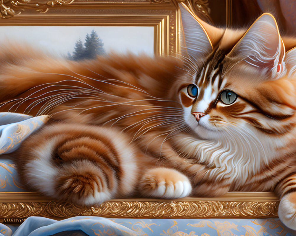 Fluffy orange and white cat with blue eyes on blue fabric in golden frame