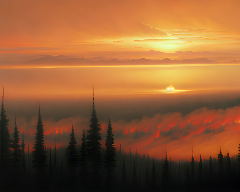 Tranquil sunset over misty forest and mountains