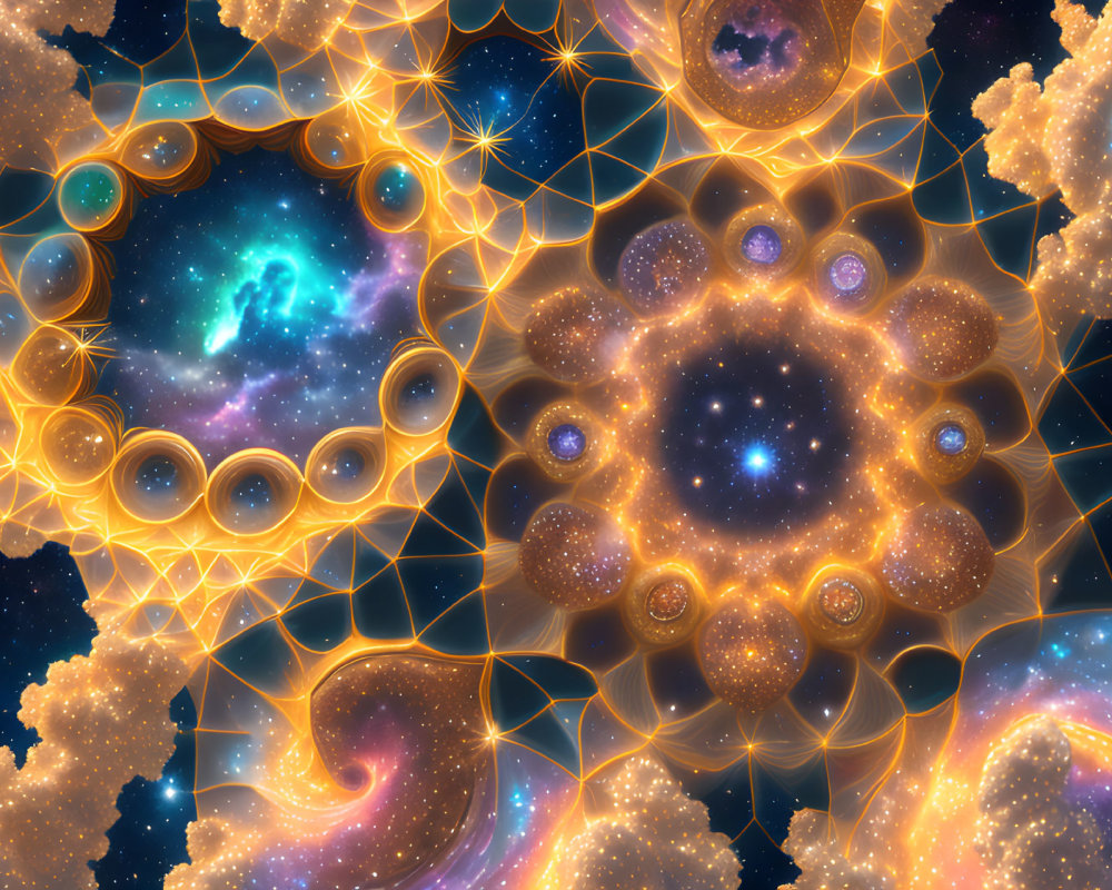 Vibrant digital artwork: fractal patterns, cosmic elements, glowing lines
