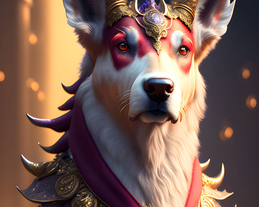 Regal creature with ruby-eyed head and ornate horns in purple cloak.