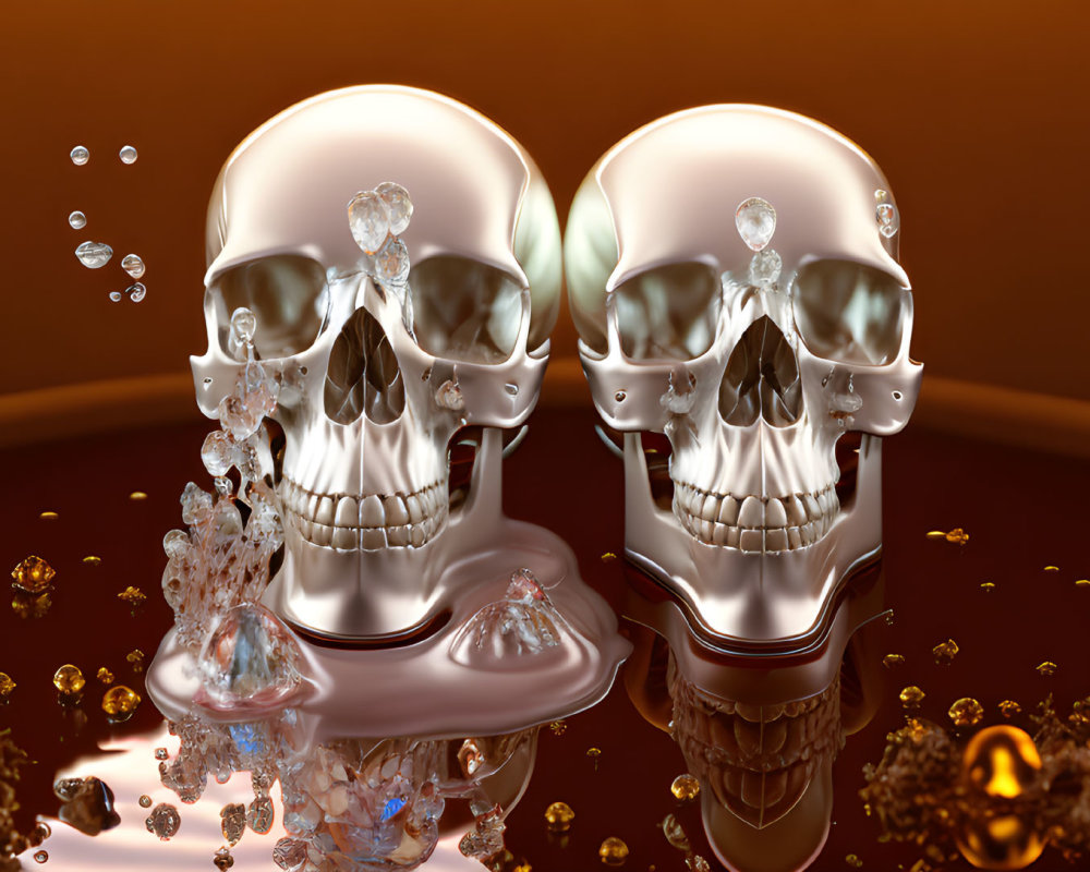 Transparent Skulls Reflecting Bubbles on Amber Surface