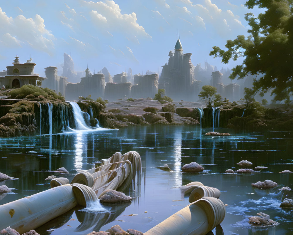 Fantastical landscape with waterfalls, ruins, aqueducts, and castle
