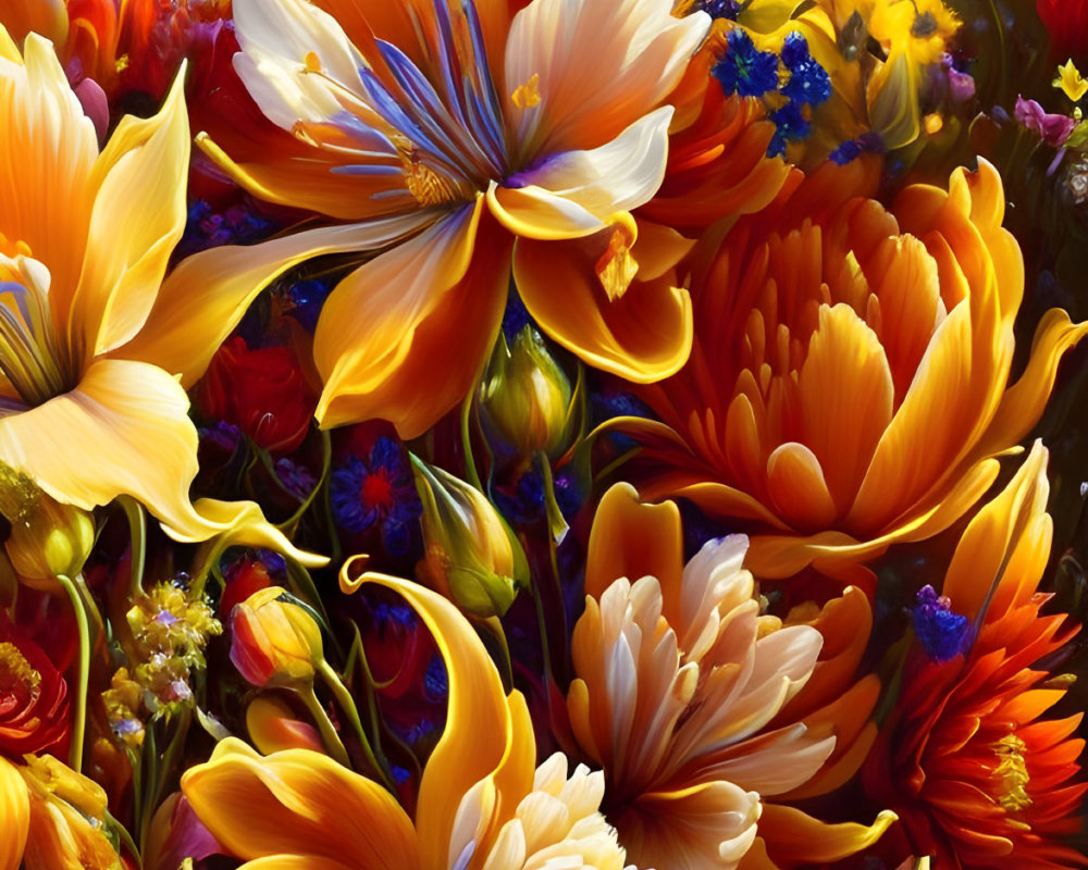 Colorful Floral Painting with Vibrant Blooms in Yellow, Orange, Red, Purple, and Blue