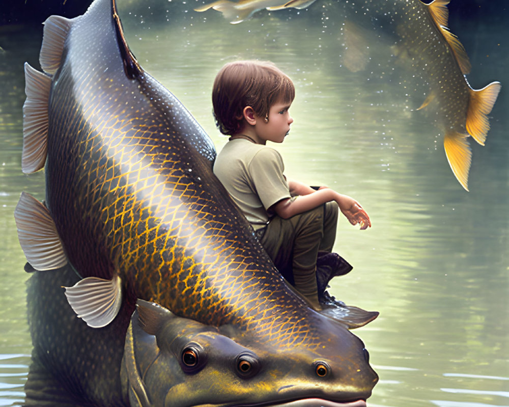 Boy surrounded by giant transparent fish in dreamlike waterscape