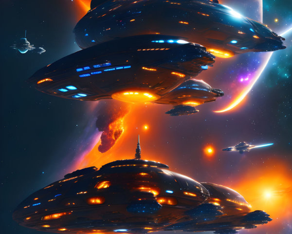 Three large UFOs in vibrant sci-fi landscape with planets, stars, and fiery nebula.