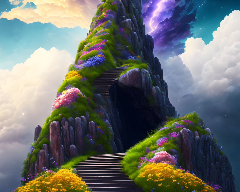 Stone Staircase on Vibrant Cliff under Purple Cosmic Sky