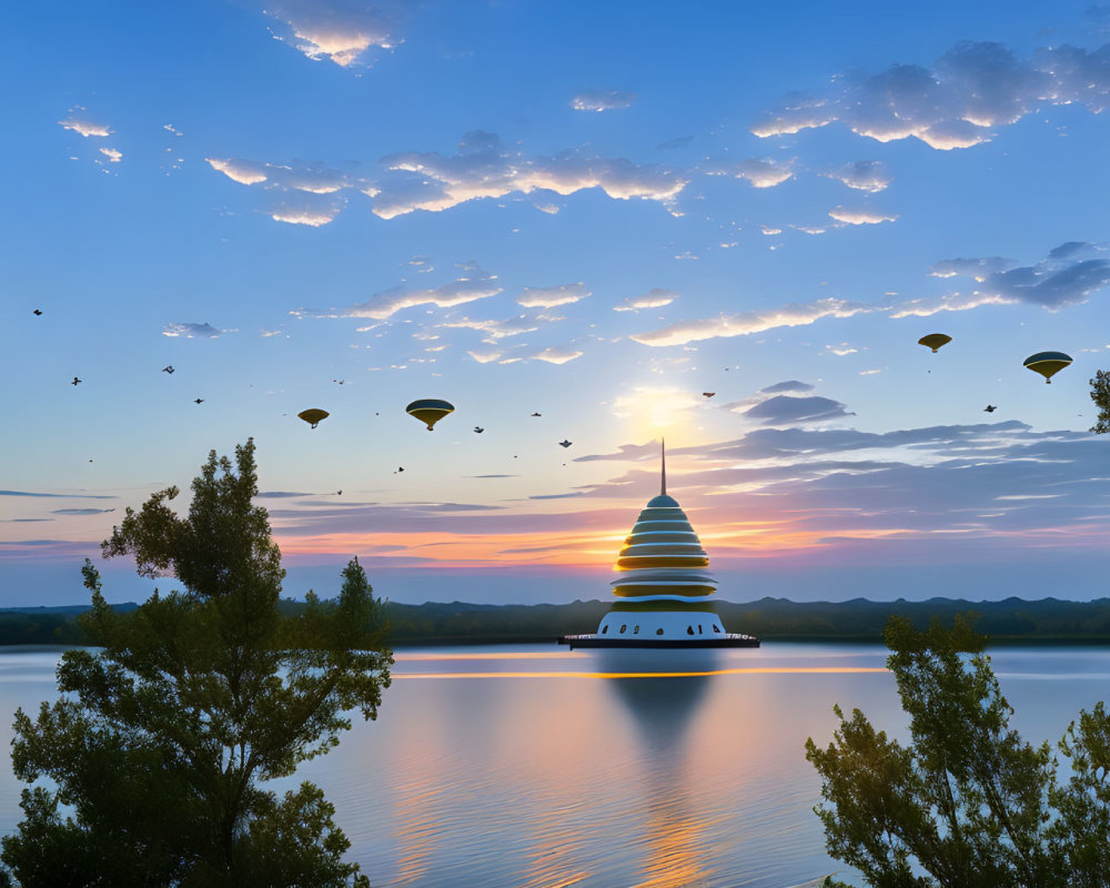Futuristic pagoda on serene lake at sunrise with hot air balloons