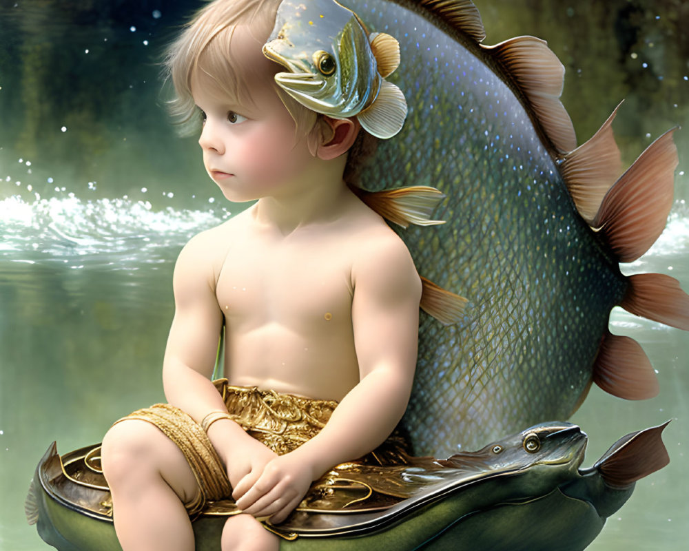 Child in golden shorts with whimsical fish in serene pond