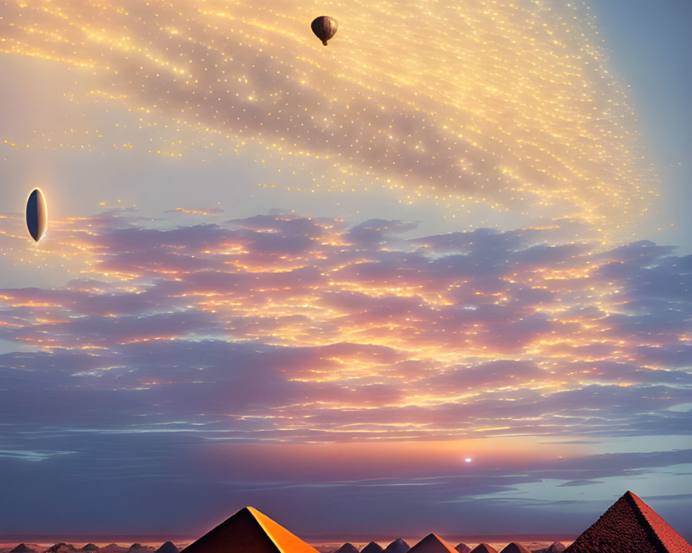 Surreal desert landscape with hot air balloons, UFO, pyramids, and starlit sky