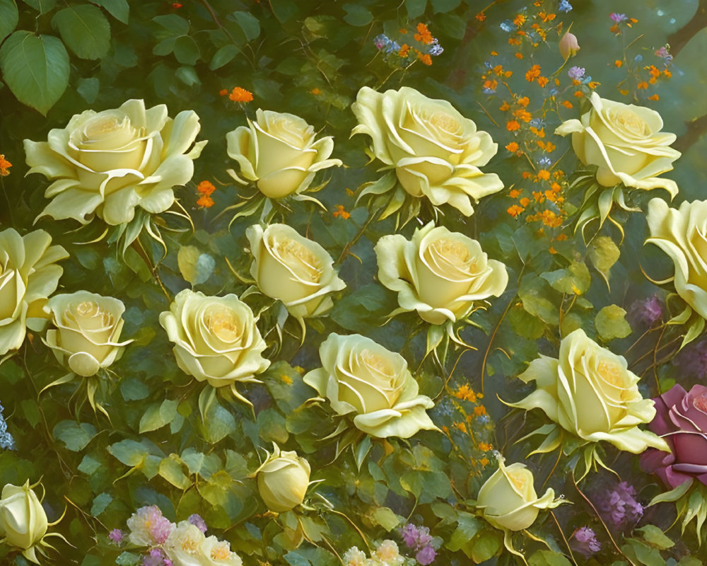 Array of Roses in Cream to Deep Purple Shades with Green Leaves
