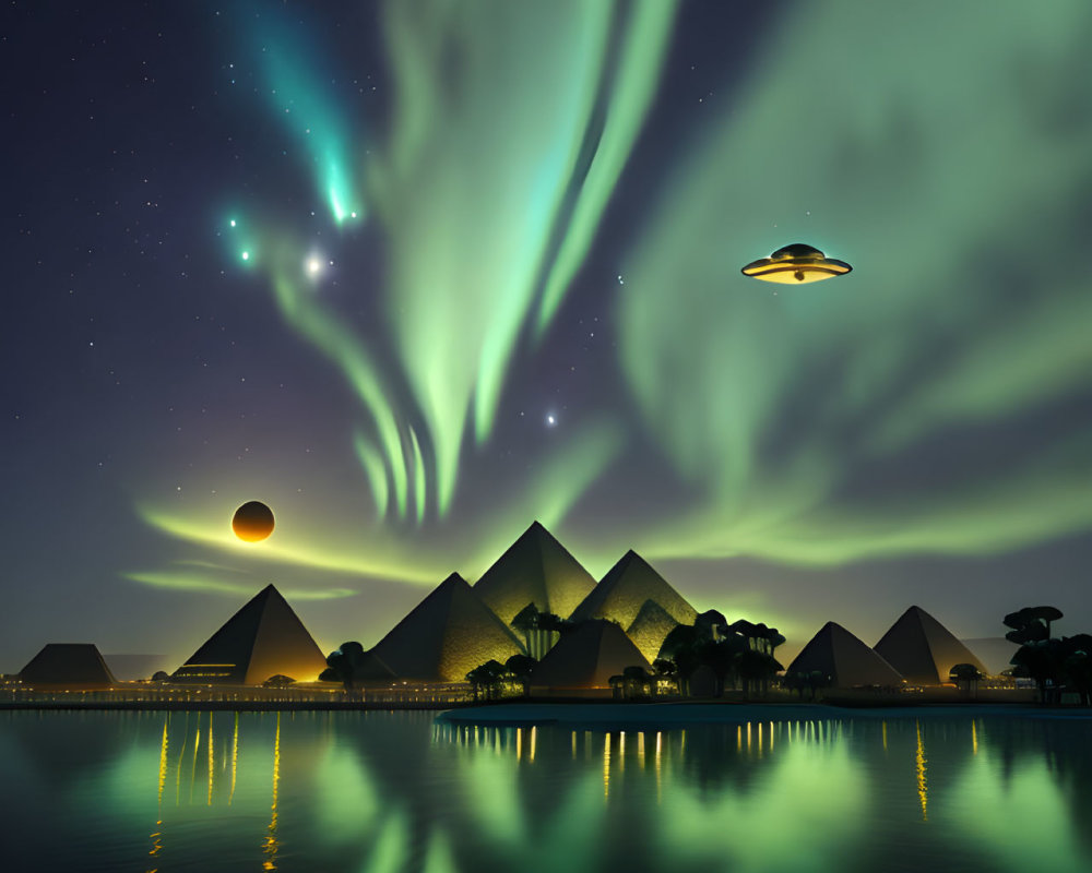 Surreal night sky with pyramids, UFO, auroras, stars, and planet reflected in