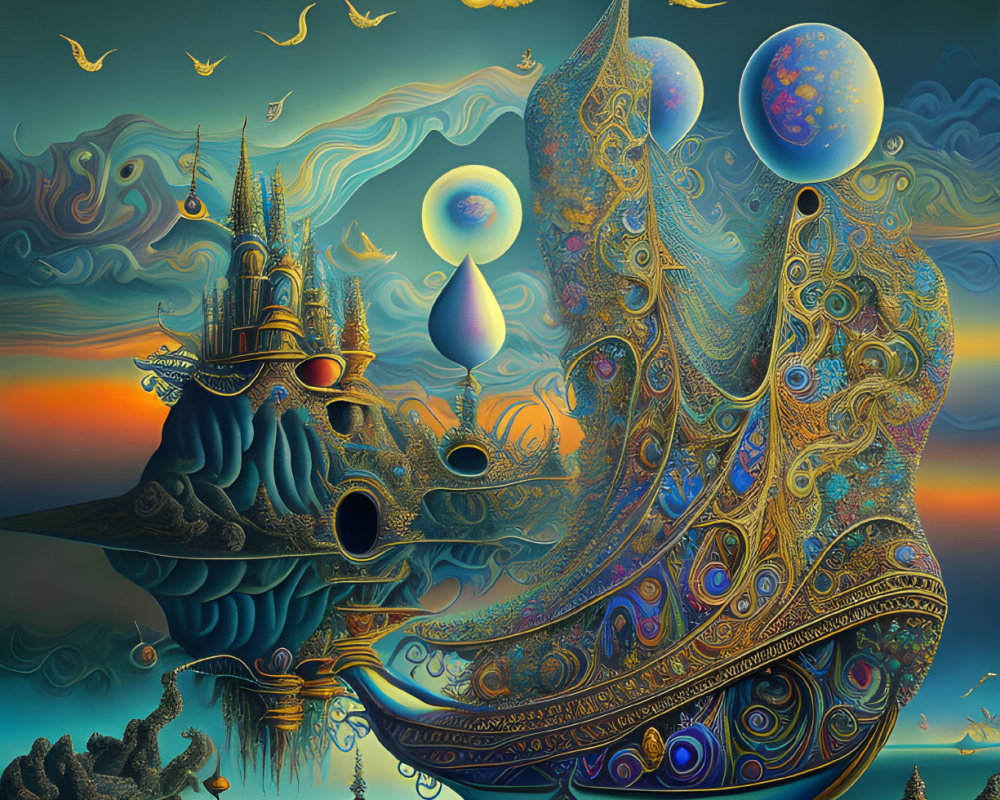 Fantastical digitally-created golden ship floating over tranquil waters