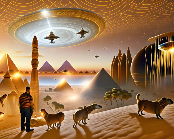 Man with dogs in desert with pyramids, towers, UFOs, and alien sky.