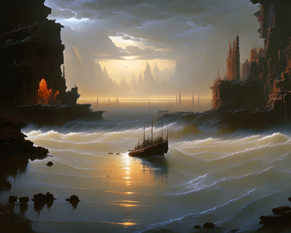 Moonlit ship sailing near towering cliffs in turbulent waters