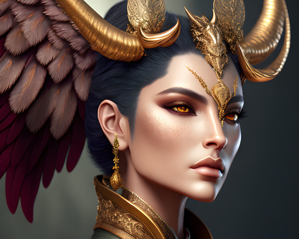Fantasy digital artwork of female figure with golden horned headdress and winged shoulders.