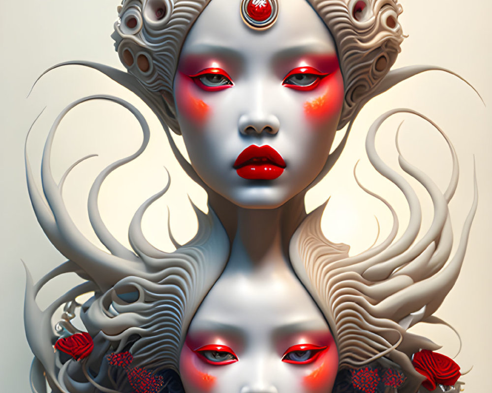Two pale figures with red lips and white hair in silver crowns among red roses