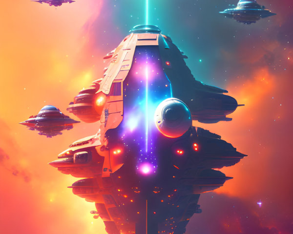 Spaceships in formation approach large planet under vibrant starry sky.