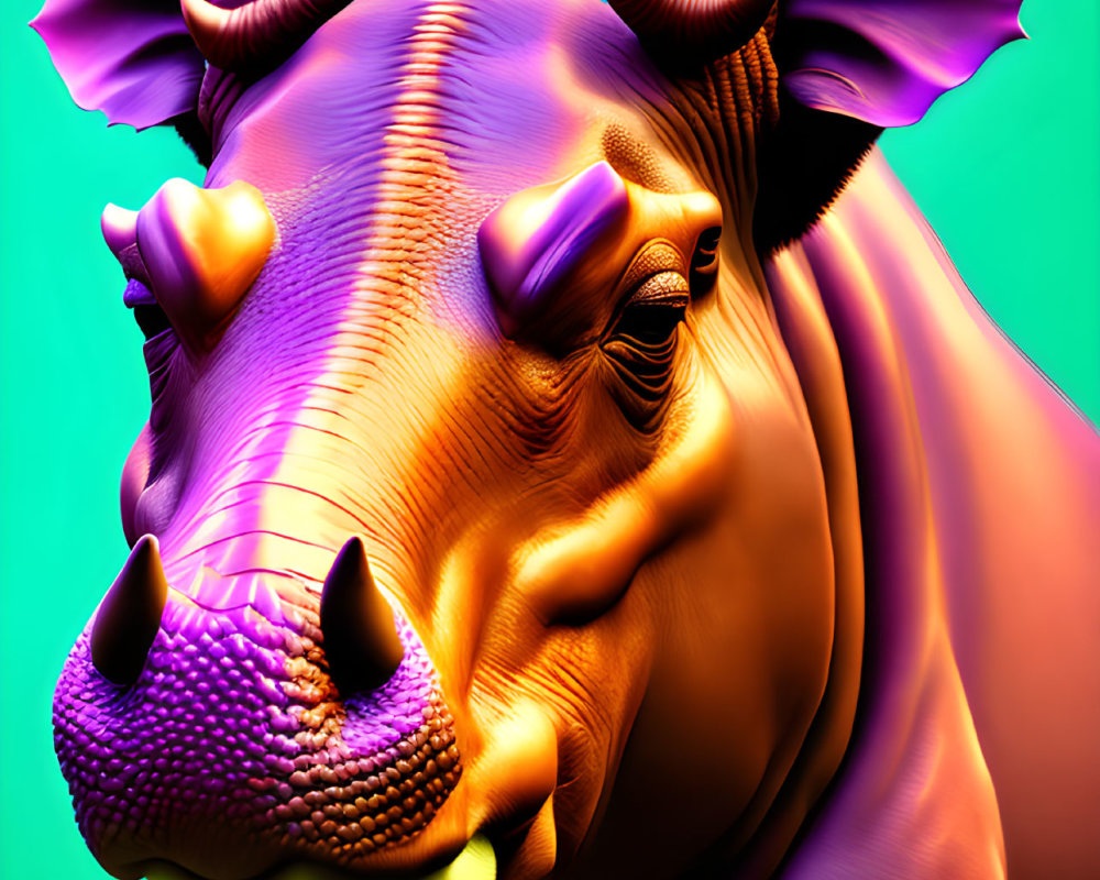 Vivid 3D creature artwork: rhinoceros-dragon fusion in orange and purple on