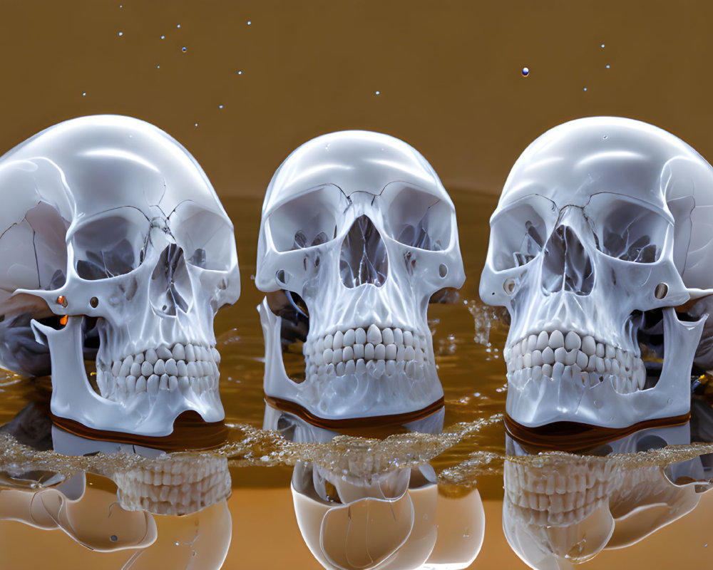 Glass skulls partially submerged in liquid with reflections and droplets on brown background.