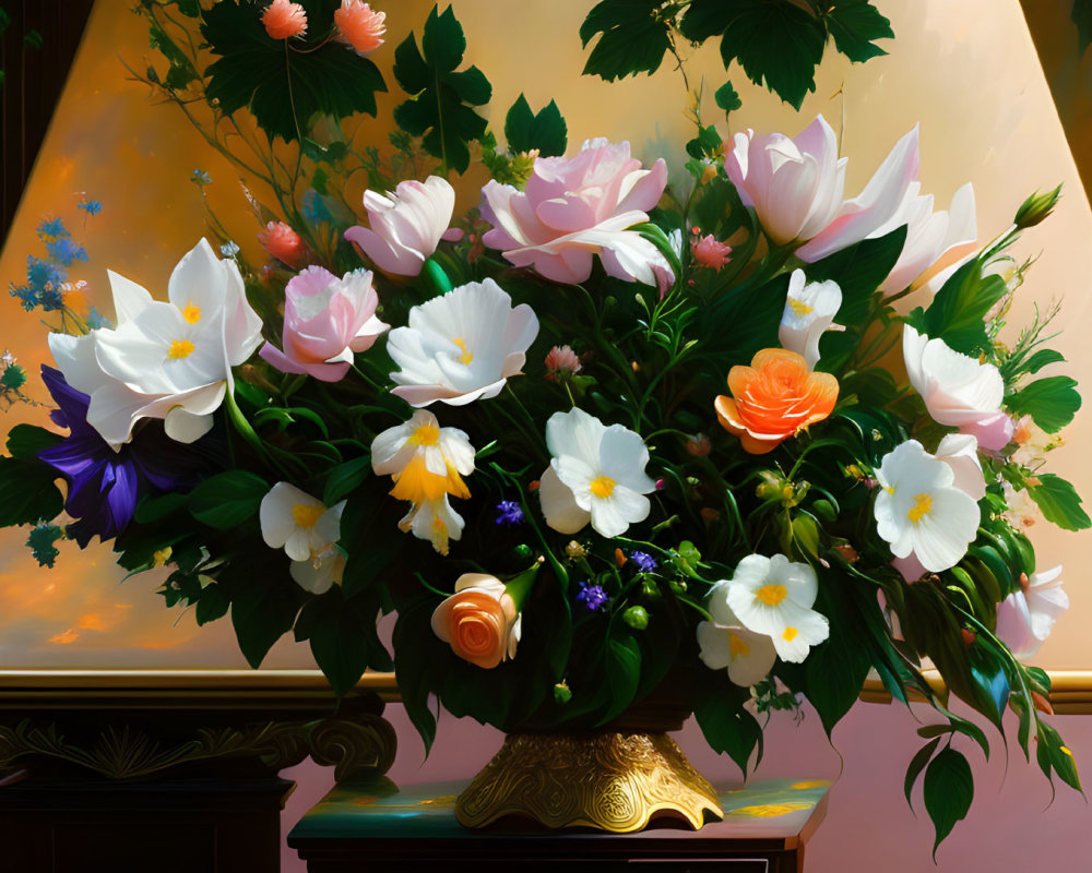 Colorful Flowers Bouquet in Golden Vase on Wooden Surface