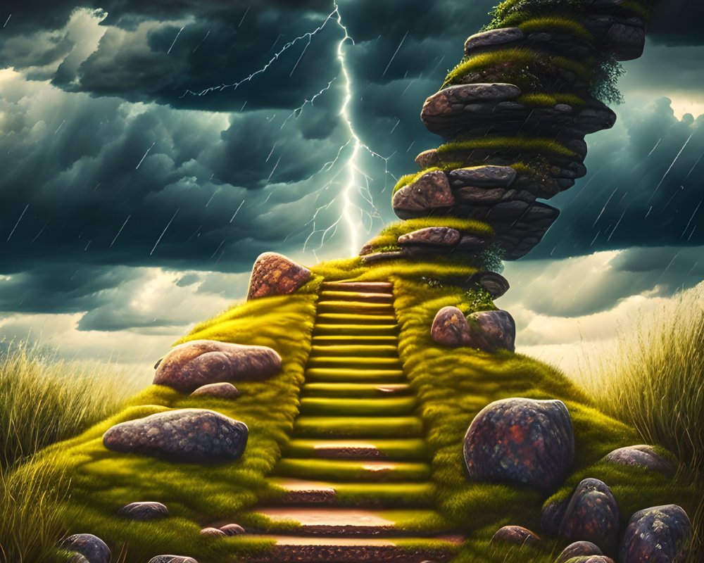 Fantastical floating staircase to mysterious sky door in stormy scene