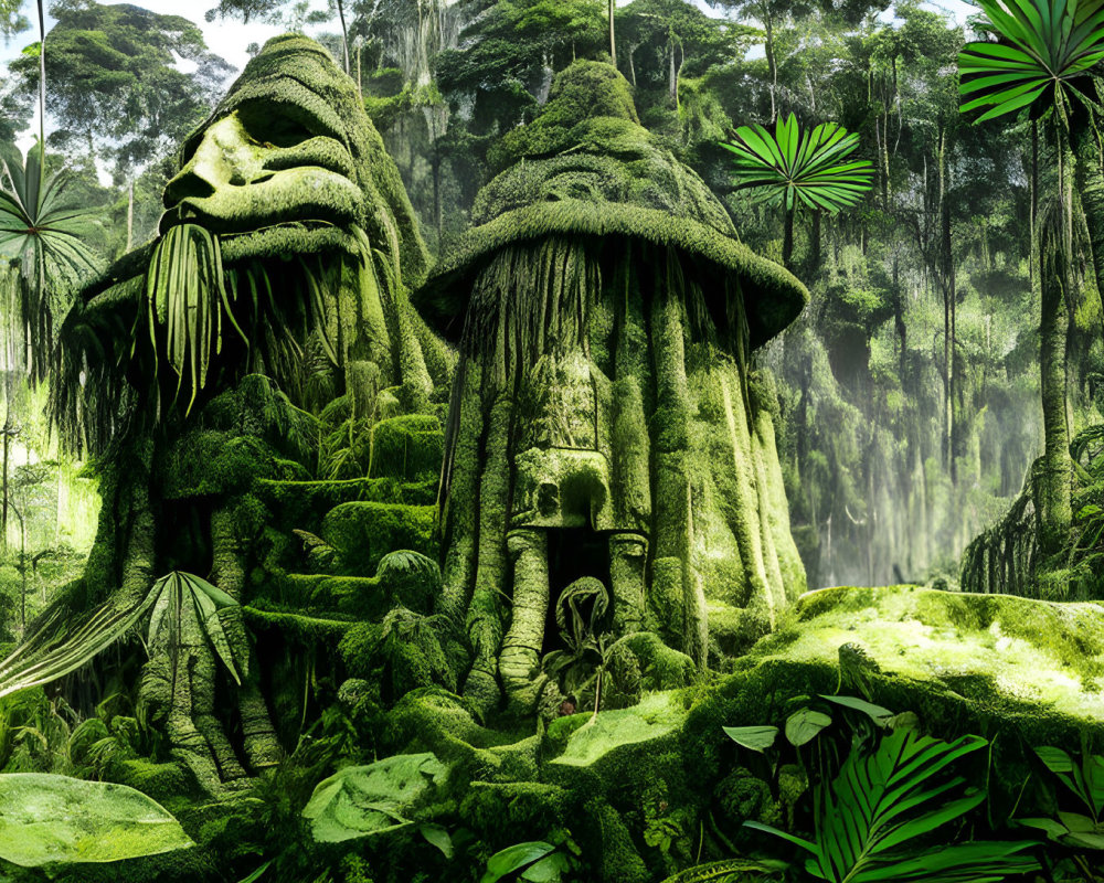 Lush Green Forest with Ancient Faces and Vibrant Flora