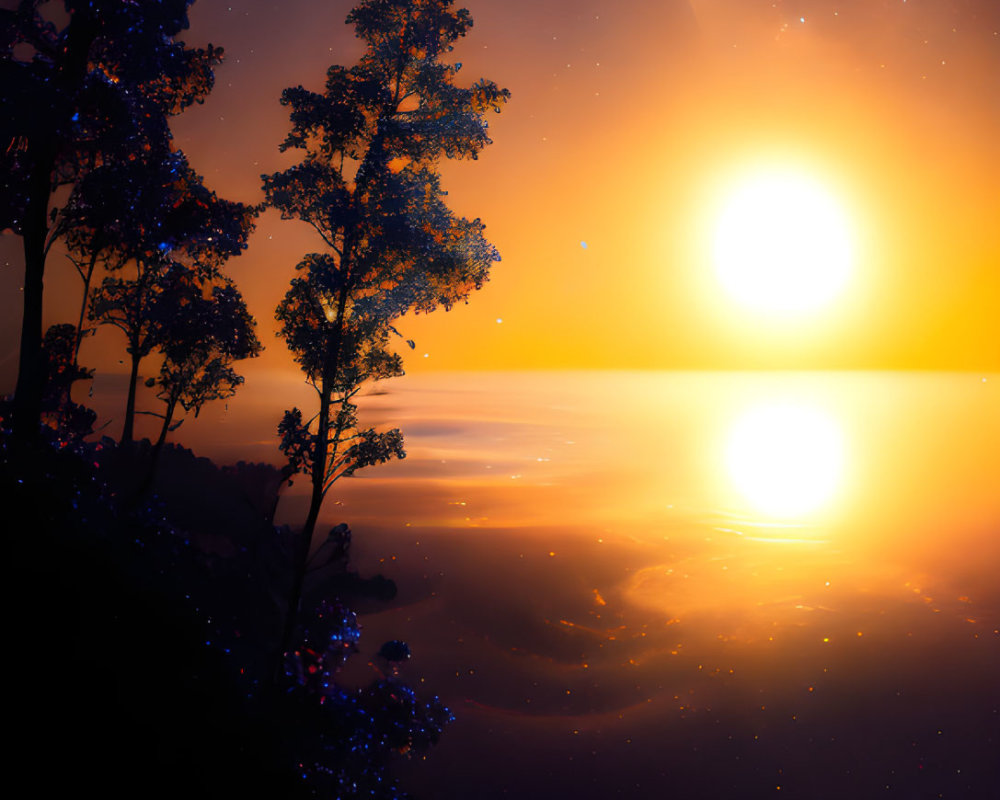 Tranquil twilight scene with tree silhouettes, vibrant sky, and comet reflection