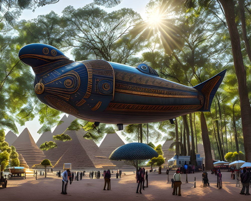 Whale-shaped airship over park with pyramids under sunburst sky