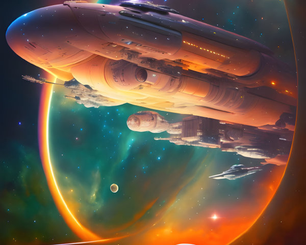 Futuristic spaceships in vibrant nebula with celestial bodies