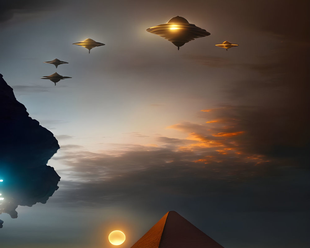 UFOs Hovering Above Egyptian Pyramids at Sunset