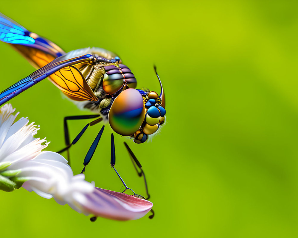 Colorful dragonfly perched on white flower with green background