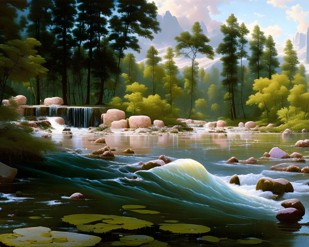 Tranquil river with waterfall in forest landscape