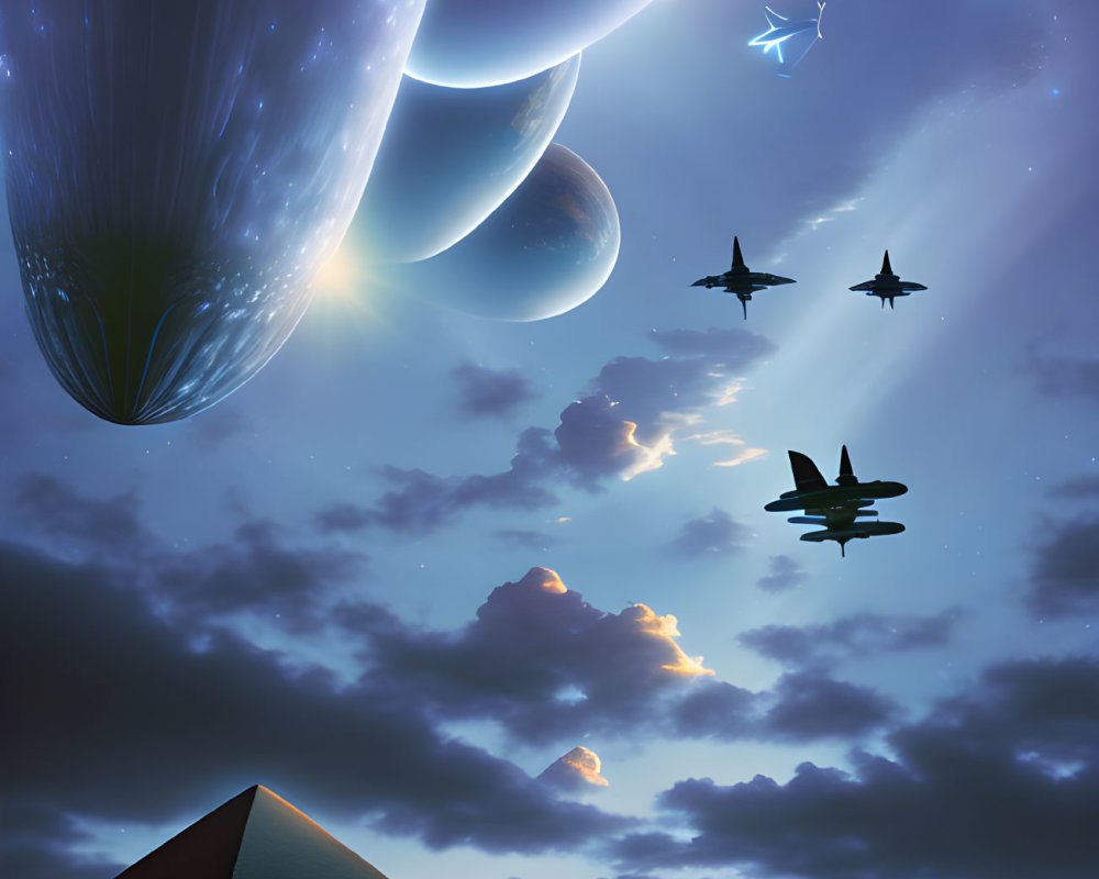 Surreal cosmic pyramid with fighter jets, planets, and comet.