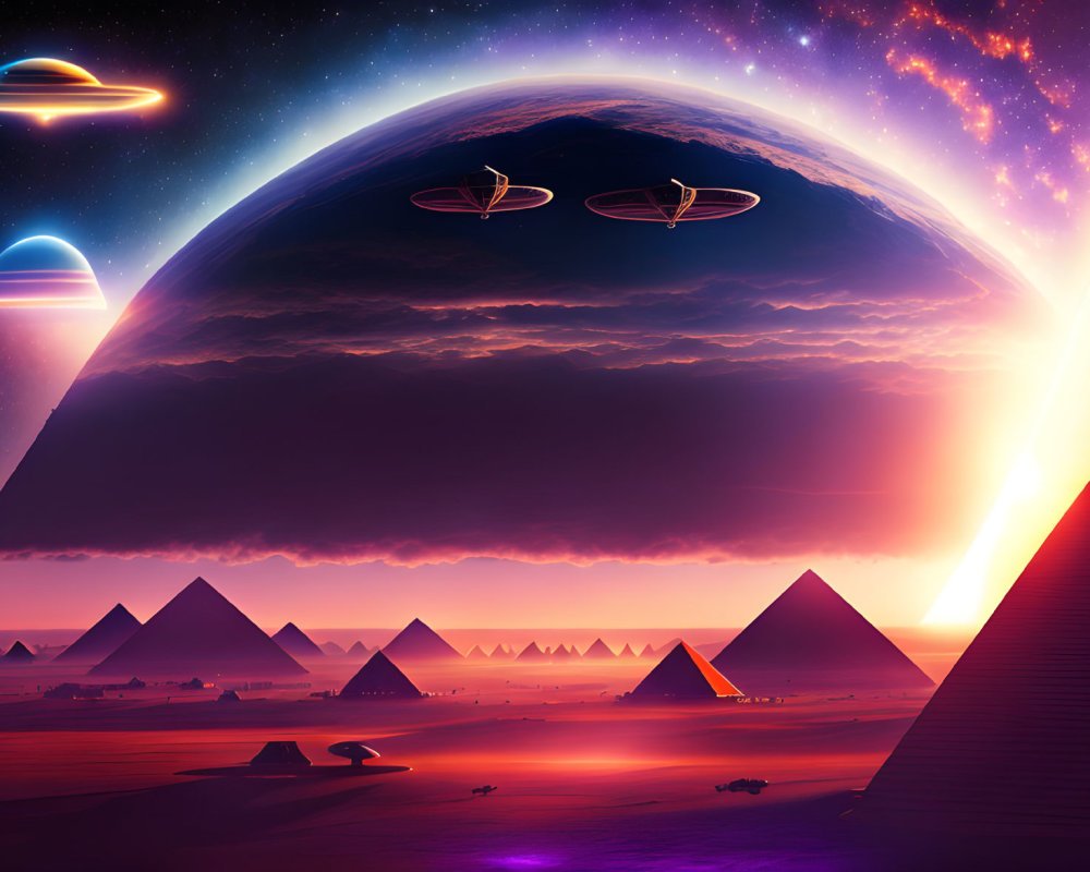 Futuristic landscape with pyramids, alien sky, planets, and spacecrafts