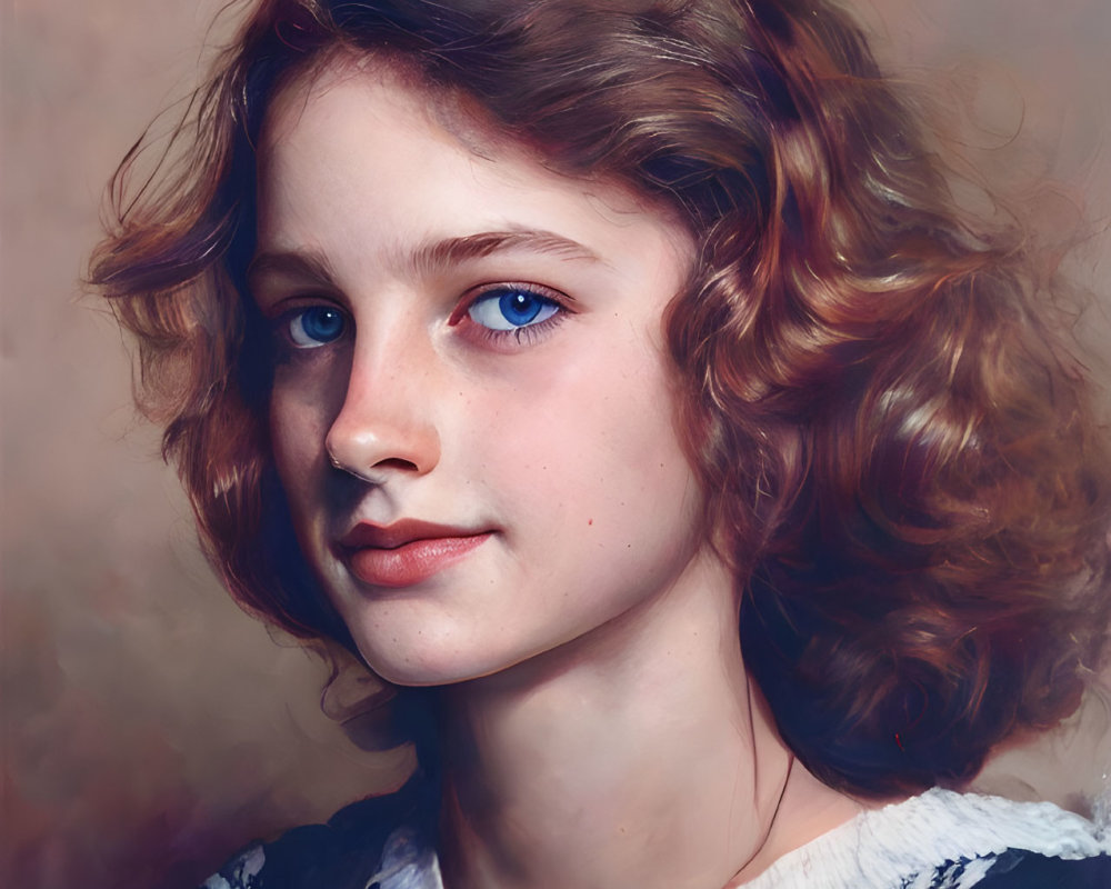 Young person with short curly hair and blue eyes in patterned sweater against warm background.