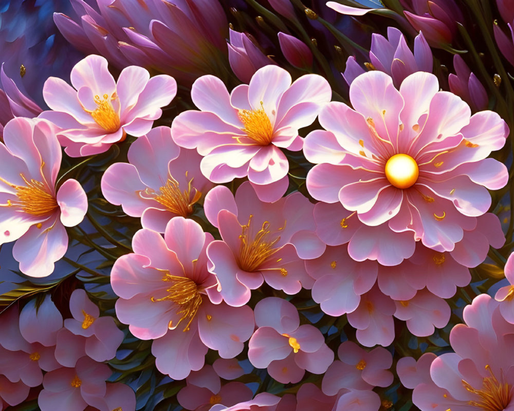 Pink Cherry Blossoms with Yellow Centers on Moody Blue Sky