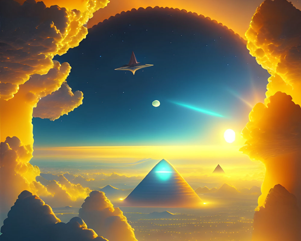 Surreal landscape with sunset, desert pyramids, planets, and spaceships