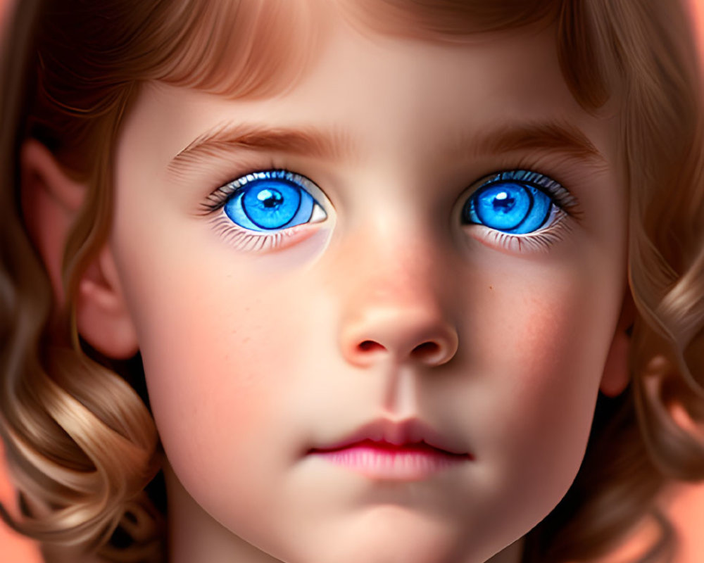 Young girl with blue eyes and curly hair holding a flower on orange background