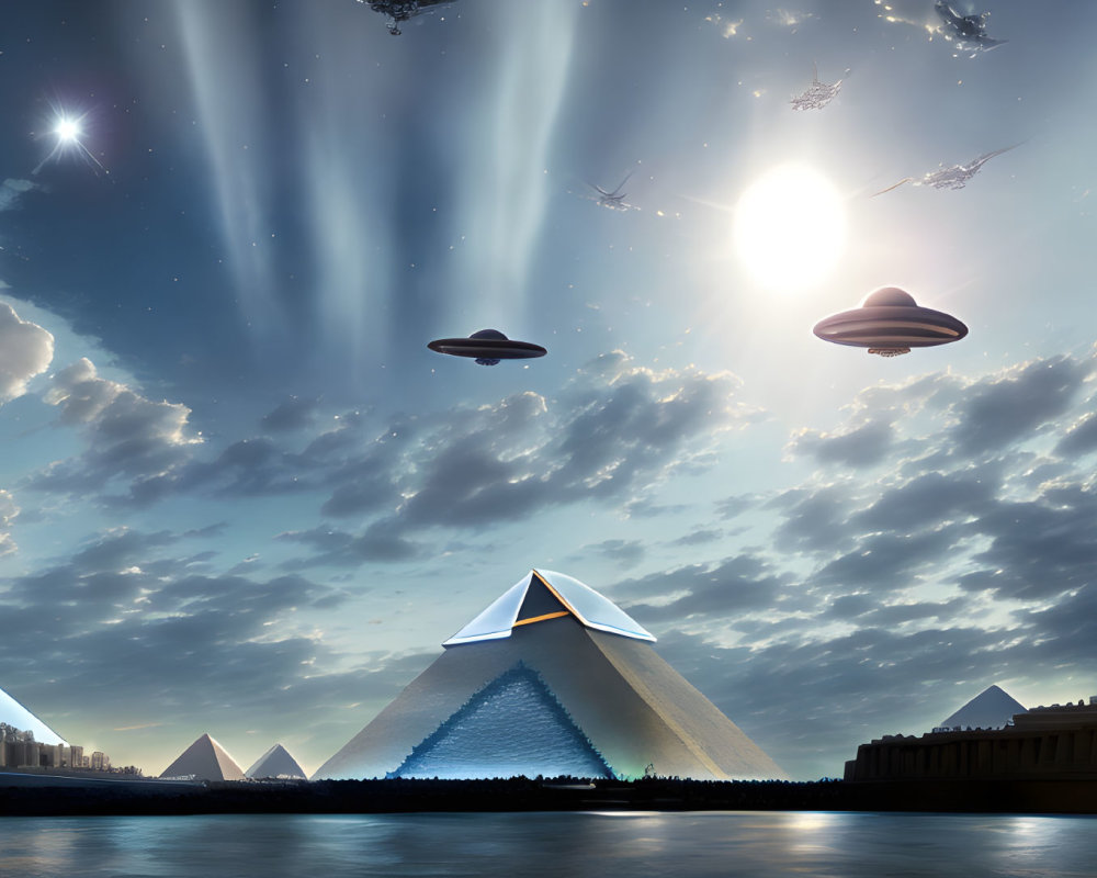 Futuristic cityscape with giant pyramid, illuminated triangles, UFOs, celestial sky