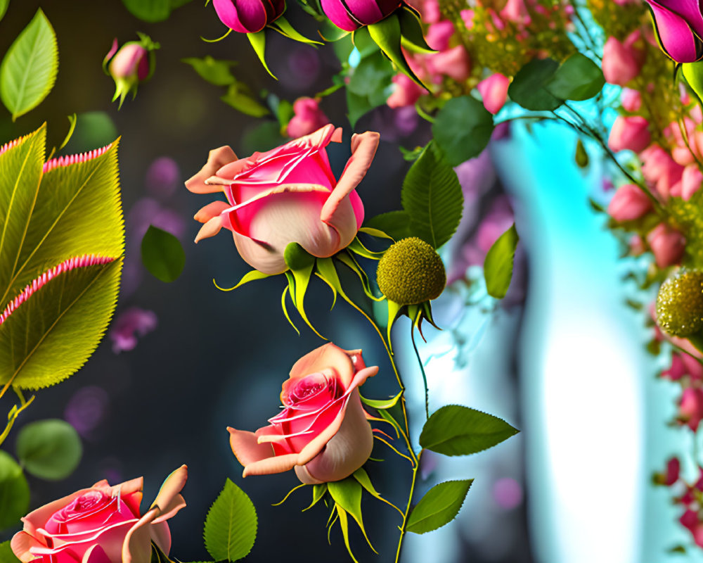 Colorful roses and buds with green leaves on blurred backdrop.