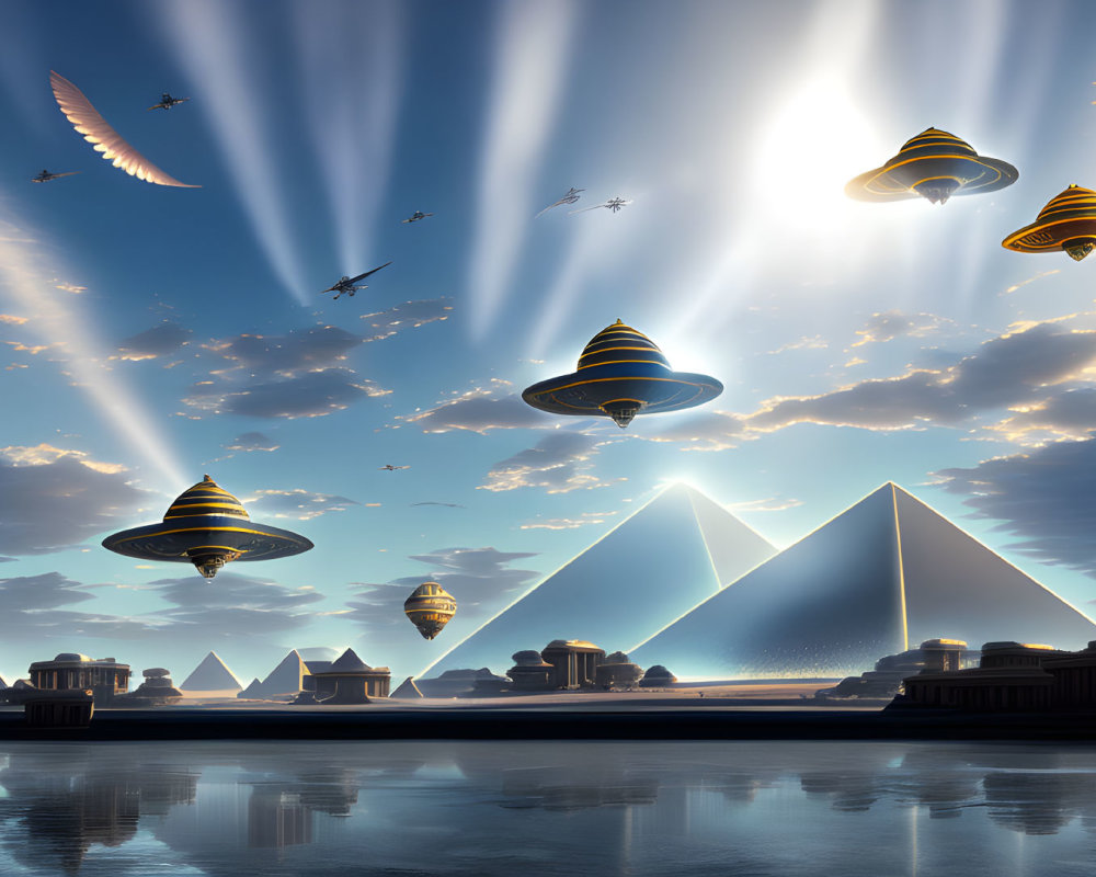 Futuristic cityscape with pyramids, flying vessels, sunbeams, calm waters, and