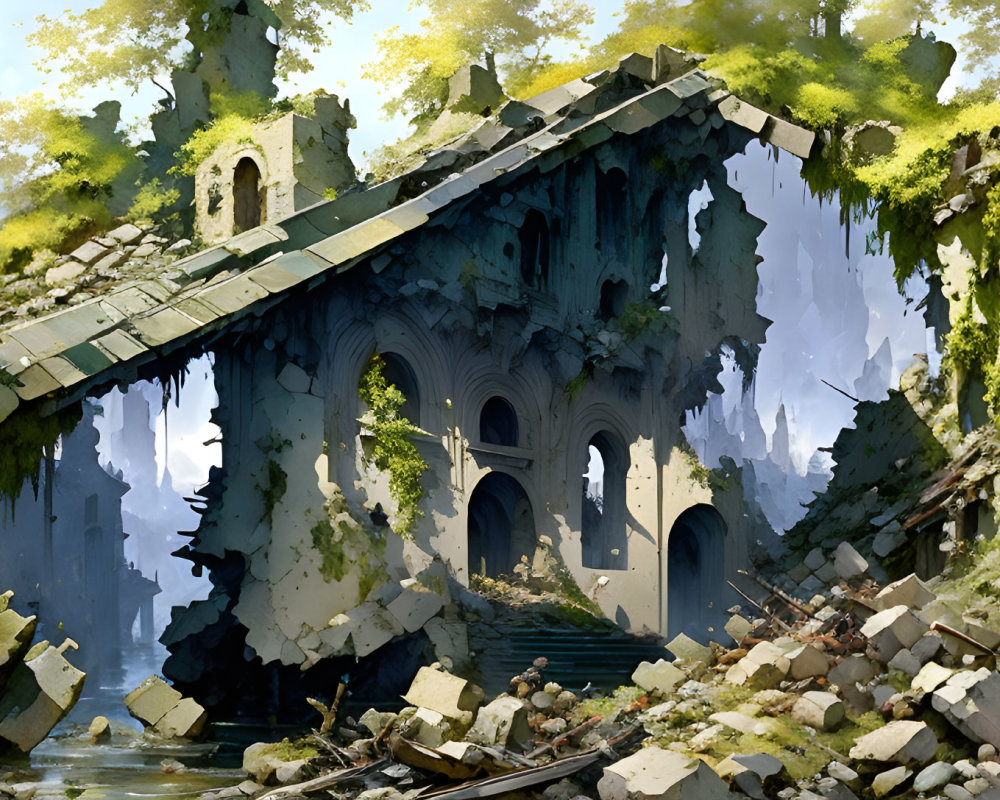 Overgrown cathedral ruin surrounded by forest, stream flowing through debris