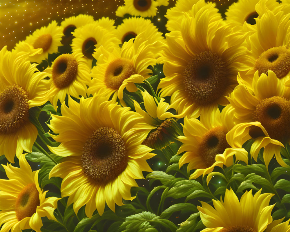 Vibrant sunflower field with golden petals and star-like effect
