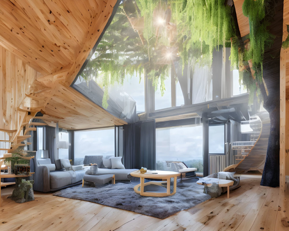 Contemporary wooden interior with greenery, large windows, and cozy seating