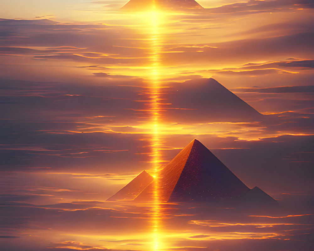 Pyramids under starry sky with light beam reflecting on water