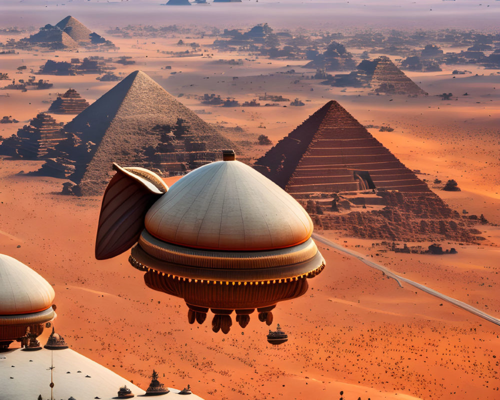 Fantastical desert landscape with pyramids and steampunk airships under orange sky