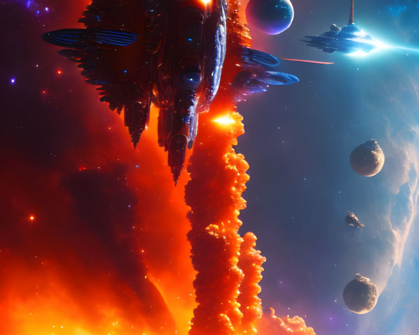 Futuristic sci-fi scene with spaceships, planets, moons, glowing nebula, and gas