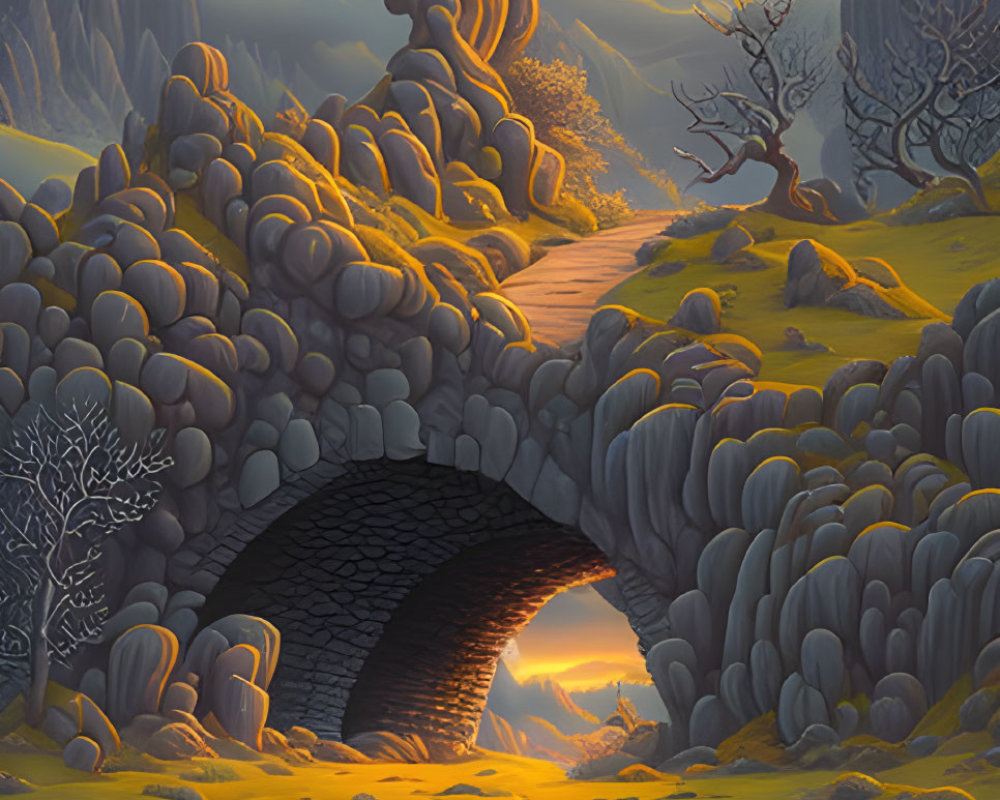 Mystical dusk landscape with stone bridge, twisted trees, and gentle stream