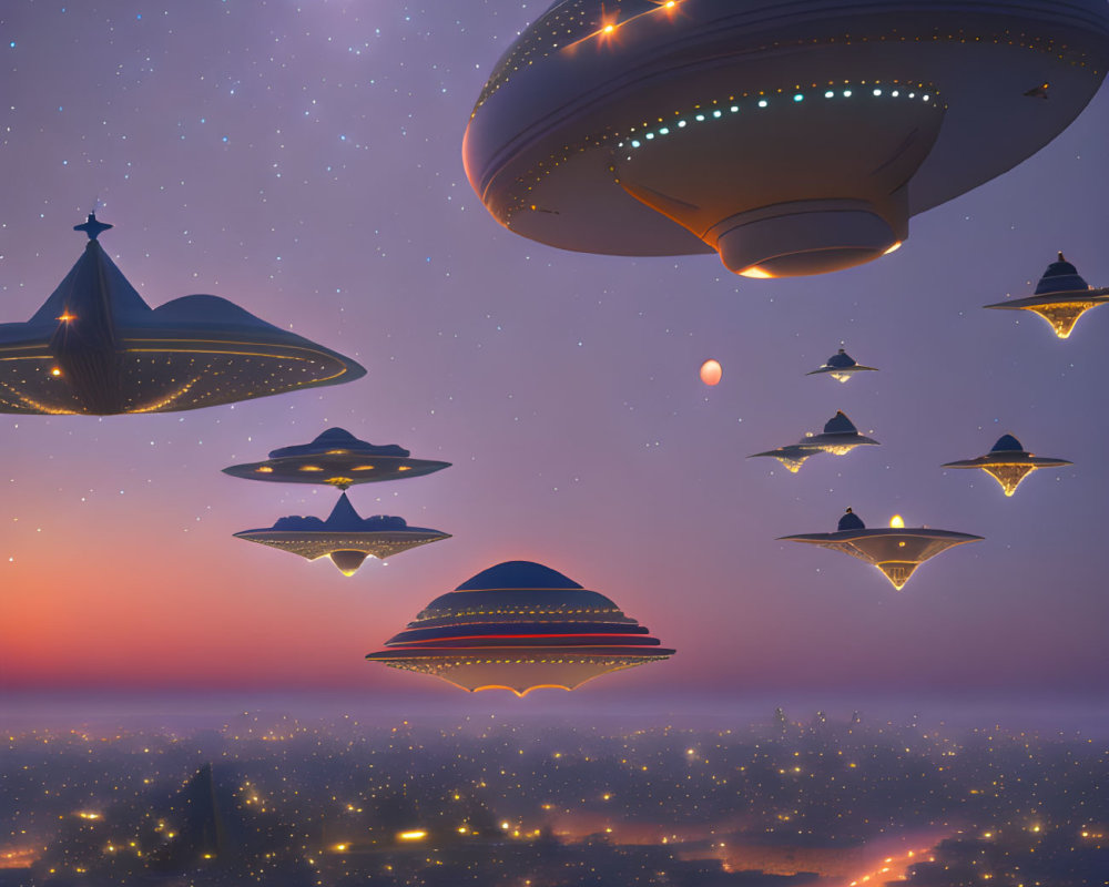 Futuristic UFO fleet over twilight landscape with pyramids & starry sky